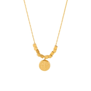 Golden titanium steel necklace with Fu character pendant in a minimalist vintage design