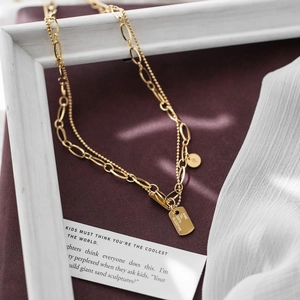 Double-layered gold plated titanium steel necklace with rectangular and round coin pendants