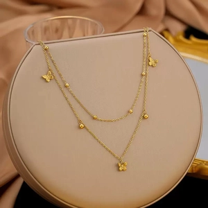 Collier Double Rang En Acier Inoxydable Pendentif Papillon Perles Dorées Bijoux Minimalistes Doux Pour Femmes