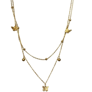 Collier double épaisseur en acier titane doré avec pendentifs papillons et perles pour femme