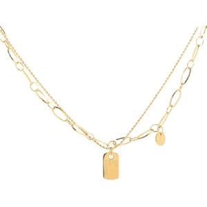 Gold plated titanium queen coin necklace with layered chain and custom ID tags