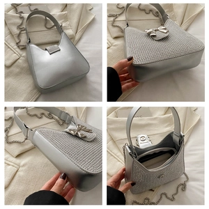 Détails du sac à main argenté à nœud avec strass, chaîne en métal et vue intérieure