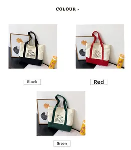 Detailed color options of large canvas tote bag showing black red and green contrast designs