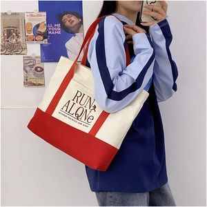Contrast color canvas tote bag in red and white with large capacity for women