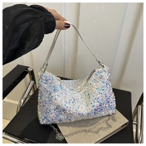 Schicke weiße schillernde Pailletten-Handtasche mit Kette für Abend und Freizeit