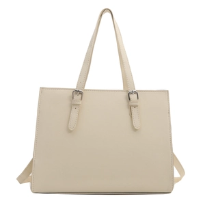 Chic off-white Saffiano leather tote bag with adjustable straps and silver hardware