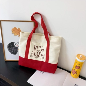 Canvas Tote Bag Large Capacity Contrast Color Letter Print Shoulder Bag Women Urban Simple Casual Style Zipper Closure