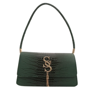 Dark green gradient crocodile embossed shoulder bag with gold metal logo and tassel decoration