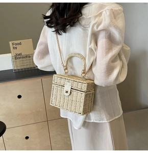 Back view of a model carrying a beige woven straw box bag with a golden chain strap