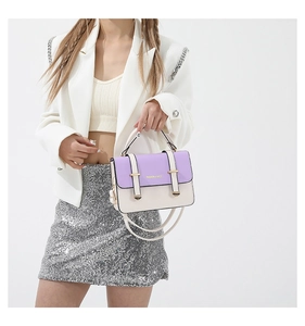 Detail of two-tone purple and beige crossbody bag with gold buckle and fashion text