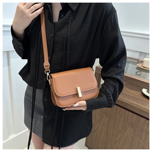 Close-up of a brown matte leather square crossbody bag with a gold buckle on a model