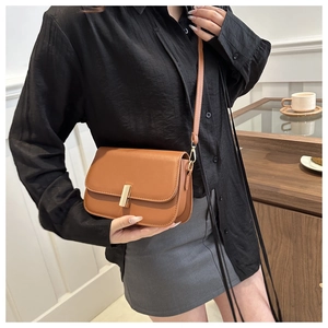 Detail showing high-quality brown leather square bag with gold metal buckle and strap