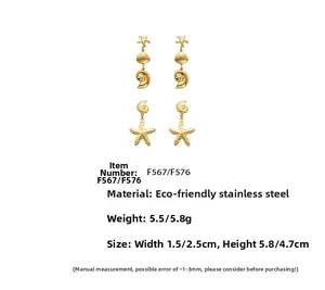 Detailed view of gold plated stainless steel starfish and seashell drop earrings