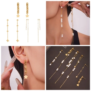 Detailed views of gold star tassel earrings with white pearls in various fashion styles