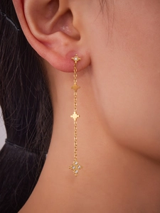 Detail of gold-plated star tassel earrings with zircon stars on woman's ear
