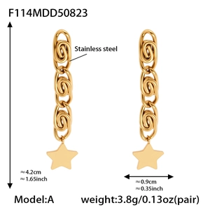 Detail view of 18k gold plated stainless steel star tassel earrings with dimensions
