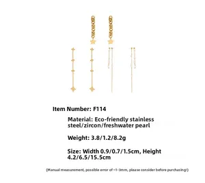 Detailed set of stainless steel earrings with zircon stars and freshwater pearl tassels