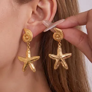 Starfish Conch Seashell Dangle Earrings Gold Plated Stainless Steel Nautical Summer Beach Jewelry For Women