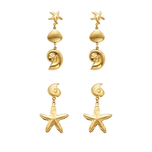 Marine series 18k gold plated stainless steel starfish and seashell drop earrings
