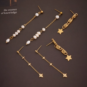 Elegant 18k gold plated stainless steel tassel earrings with star and pearl accents