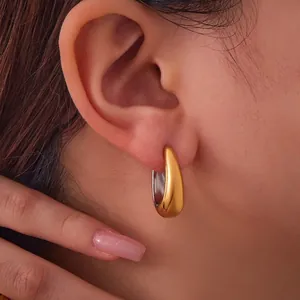 Boucles d'Oreilles Créoles en Forme de U en Acier Inoxydable Minimaliste pour Femmes Plaqué Or 18K Bicolore Géométrique Goutte d'Eau Bijoux