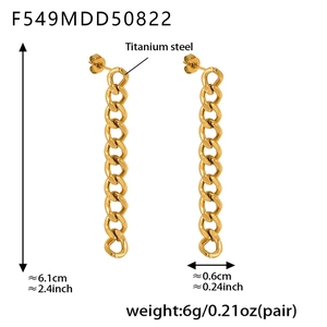 Detailed view of 18k gold plated titanium steel Cuban link chain earrings with dimensions
