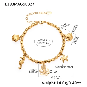 Detailed view of ocean-themed gold stainless steel bracelet with zircon charms and size specs