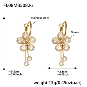Detailed view of 18k gold plated stainless steel flower earrings with 5A zircon stones