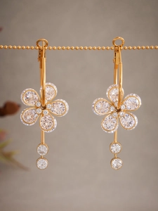 Detail of 18k gold plated flower drop earrings with 5A cubic zirconia crystals