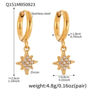 Detailed view of 18k gold plated star pendant earrings with zircon stones and measurements
