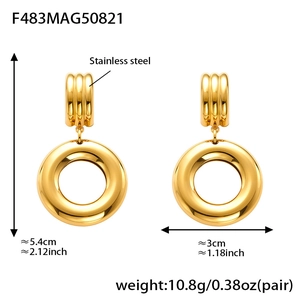 Detail view of irregular hollow double-hoop earrings in gold-plated stainless steel