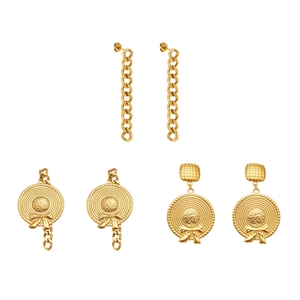 Three-piece gold plated stainless steel bow and hat charm chain drop earrings set