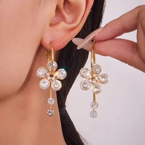Elegant 18k gold plated stainless steel floral drop earrings with 5A cubic zirconia stones