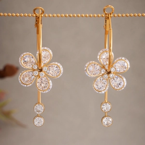 Gold flower earrings with 5A cubic zirconia stones and leverback clasp for women