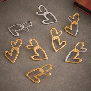 Polished 18k gold plated stainless steel double heart stud earrings in various colors