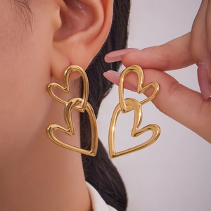 Polished 18k gold plated stainless steel double heart drop earrings for women