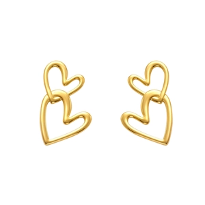 Polished gold double heart interlocking drop earrings in minimalist stainless steel