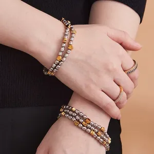 Beaded Bracelet Stainless Steel Hammered Silver Beads Gold Flower Zircon Elastic Two Tone Fashion Jewelry For Women
