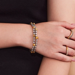 Floral stainless steel beaded bracelet and zircon ring set for women in gold and silver