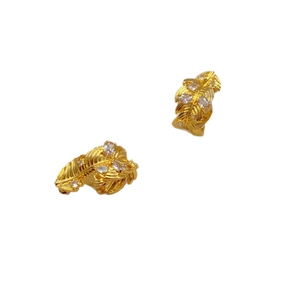 French leaf feather earrings in gold plating with zircon stones and 925 silver needles