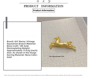 Detail view of 18K gold plated horse brooch with crystals and product dimensions