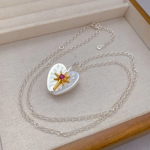 Vintage Copper Apple Heart Pendant Necklace With Starburst Red Gemstone Elegant Gold Silver Contrast For Women