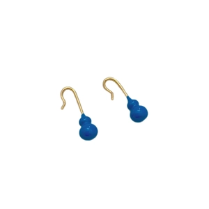 Minimalist gold-plated gourd earrings with deep blue enamel glaze on a white background
