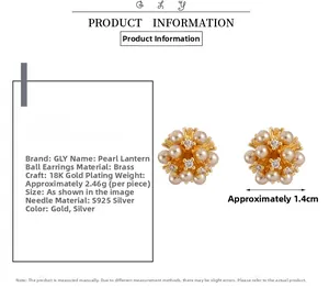 Detail of 18K gold plated pearl cluster stud earrings with S925 silver needles and dimensions