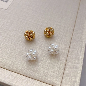 Floral cluster pearl stud earrings with sparkling micro diamonds and gold plated finish