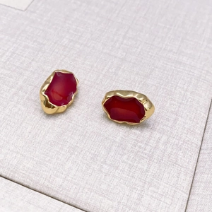 French vintage style deep red enamel stud earrings with golden metallic irregular frame