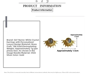 Detail view of 18K gold plated sunflower stud earrings with dimensions 1.5x1.1cm