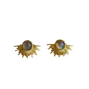 French vintage starburst stud earrings with labradorite inlay in gold plated finish
