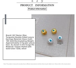 Detail of 18K gold plated copper earrings featuring turquoise inlay and vintage texture