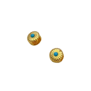 Golden round earrings with radial texture and turquoise stone inlay in minimalist style